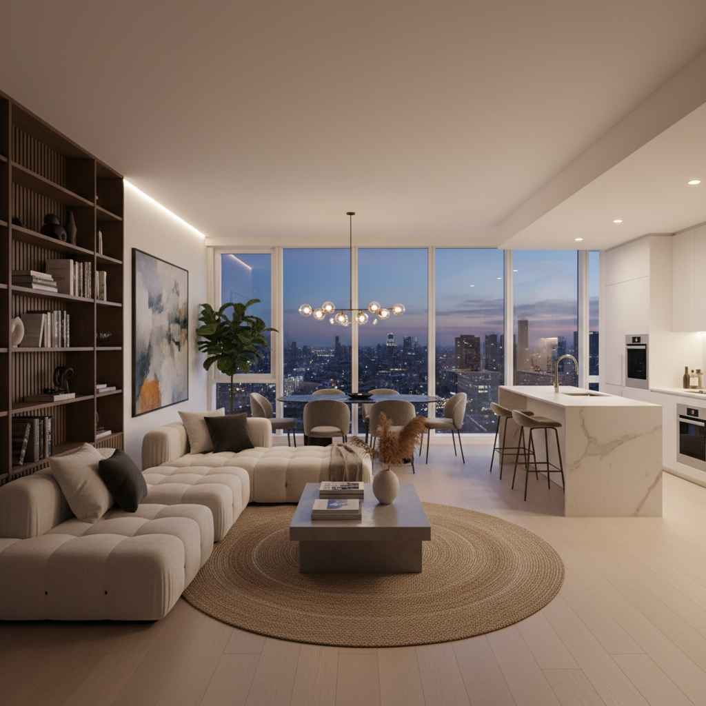 Vue intérieure d'une bibliothèque lumineuse avec de grandes fenêtres, rayons chargés de livres et lumière naturelle chaude, atmosphère studieuse et sereine