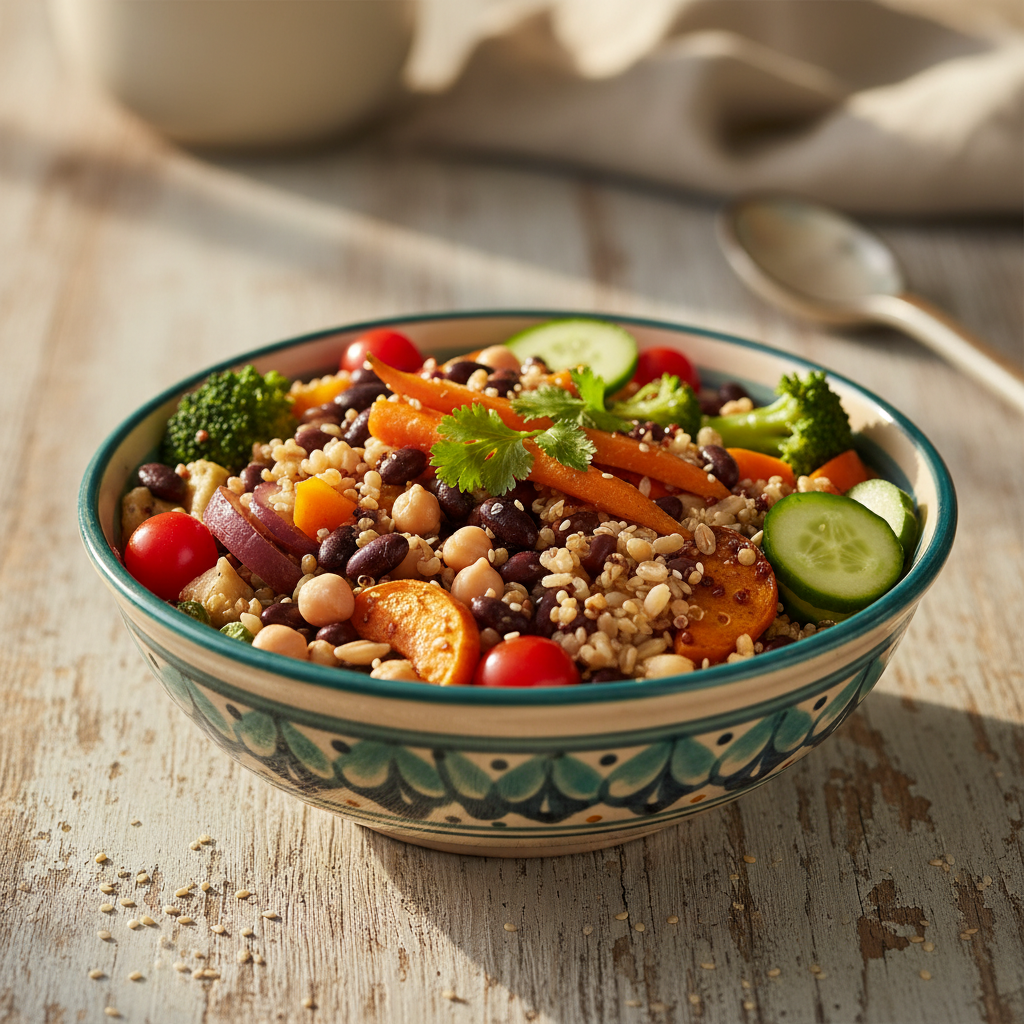 Bol coloré rempli de légumes frais, de légumineuses et de grains entiers, lumière naturelle chaude sur fond de surface en bois