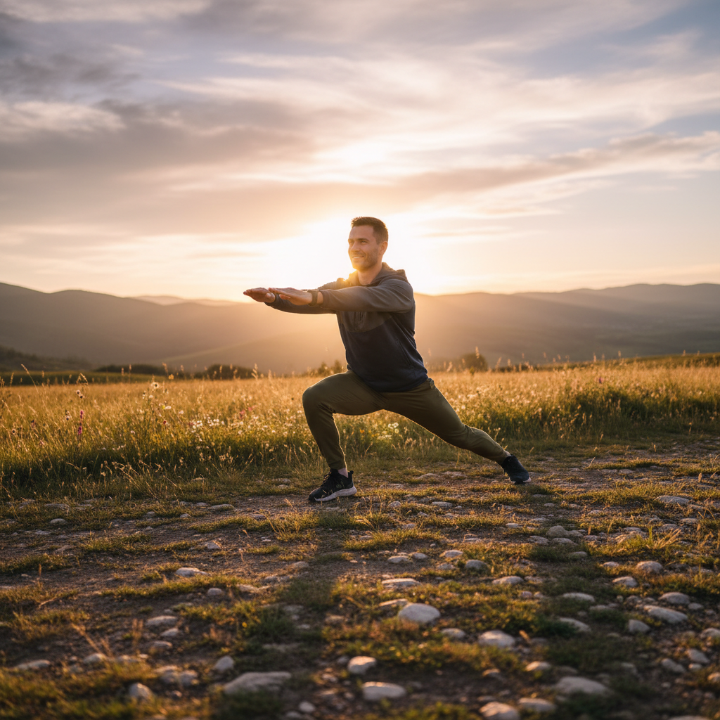 Homme effectuant un exercice de mobilité fonctionnelle dans un espace naturel ouvert, posture équilibrée et détendue, lumière naturelle en contre-jour
