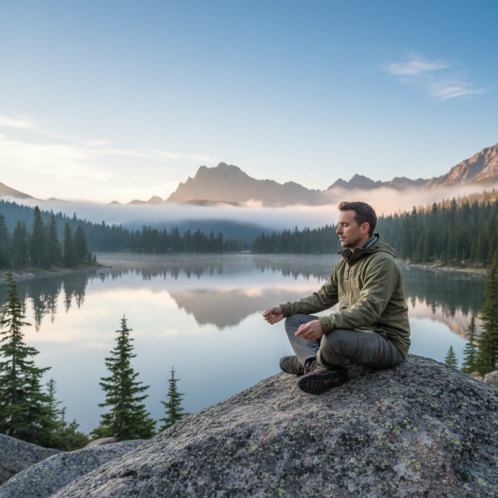 Homme assis en extérieur sur un rocher face à un lac de montagne, contemplant le paysage en silence, atmosphère de sérénité et de pleine conscience