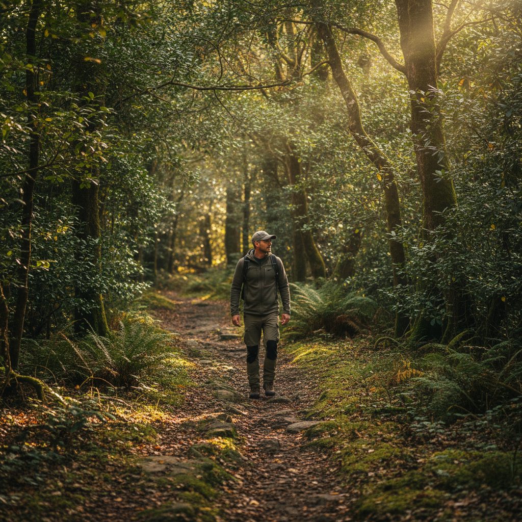 Homme marchant sur un sentier en forêt entouré d'arbres à feuillage dense, lumière naturelle filtrée à travers les branches