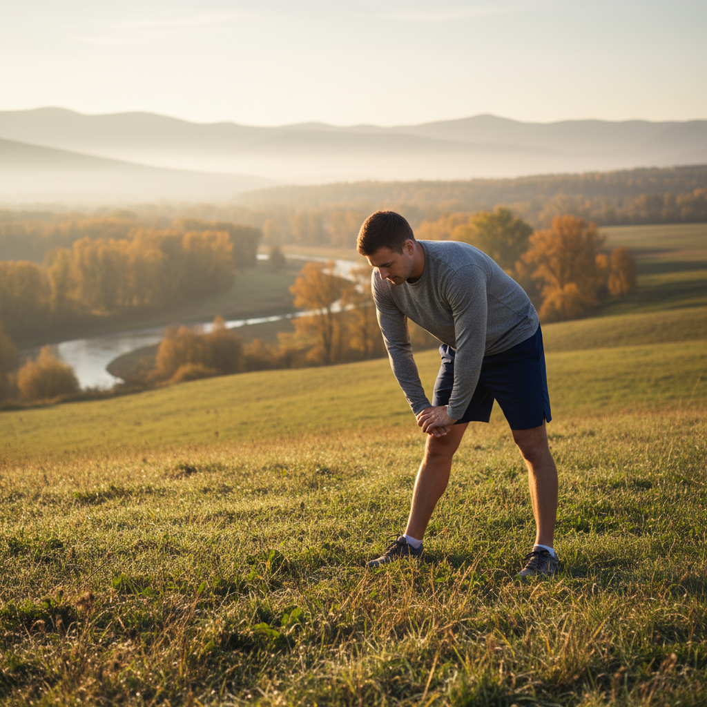 Homme en tenue décontractée effectuant des étirements dans un espace naturel ouvert, lumière matinale douce
