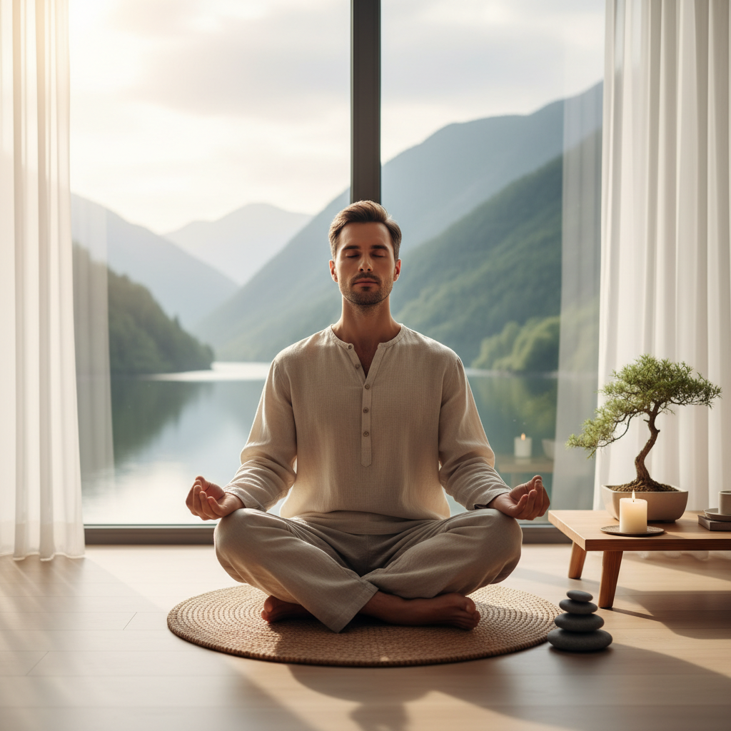 Homme assis en posture de méditation dans un environnement calme, ambiance de sérénité et de pleine conscience